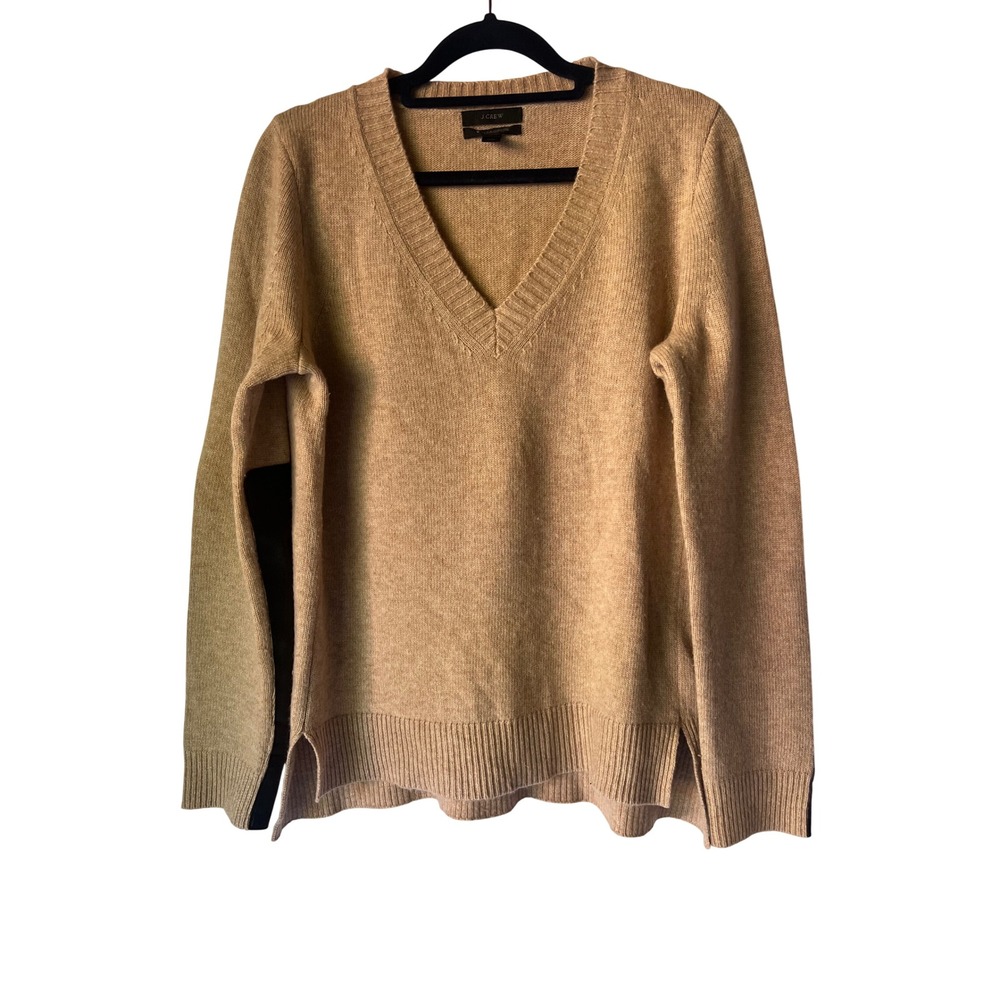 J.Crew Wool Cashmere V-Neck Sweater Camel Tan Leather Elbow Patches 05146 S